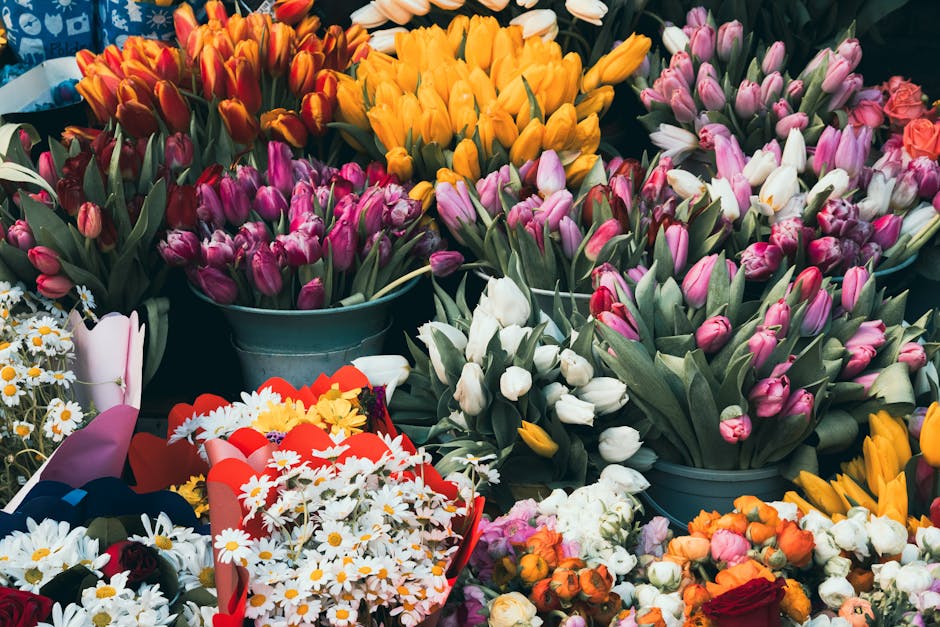 A vibrant floral arrangement featuring a variety of fresh tulips in shades of pink, white, purple, and yellow, displayed in dark blue buckets. Surrounding the buckets are bouquets of white daisies wit