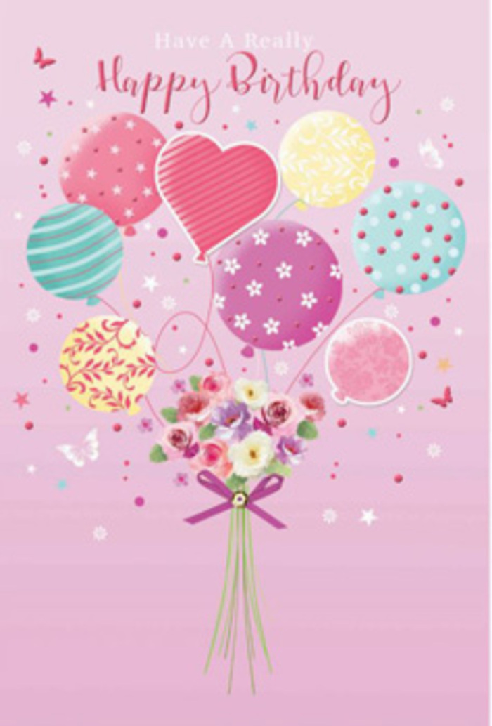Softly whimsical birthday card image portraying a pastel balloon bouquet lifting a dainty cluster of flowers, in a style that could easily be imagined on display in a boutique florist near Upminster High Street. The scene is set on a light blush-pink background, giving everything an inviting warmth. Rising from the centre is a group of balloons, their rounded shapes and one prominent heart-shaped balloon drifting upward as if buoyed by birthday wishes. Each balloon is decorated differently: some twirl with stripes in rosy pink and teal, others are speckled with charming polka dots, while a few carry delicate floral and starry designs in lemon yellow and lavender. The colours feel as gentle as early morning light over Upminster Park-bright enough to be joyful, but never overpowering. At the bottom of the composition lies a hand-tied bouquet, its stems gathered as though just completed by a practiced florist. Petite roses and daisy-like blooms in shades of cream, blush, and muted mauve rest closely together, their petals carefully shaded to show depth and softness. You can almost imagine the faint, fresh scent that would drift from such an arrangement. A satin-finish purple ribbon binds the stems, its loops and tails adding a finishing touch of elegance. Spiralling around the balloons and bouquet, tiny butterflies and star shapes seem to flutter, suggesting movement and lightness, like a gentle Upminster breeze. The overall effect is one of quiet jubilation and heartfelt celebration-a birthday message dressed in pastel colour and floral charm, intended to make the recipient feel valued and adored.