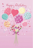 Illustrated birthday card scene showing a whimsical celebration of pastel balloons and flowers, reminiscent of a cheerful Upminster birthday gathering. The background is a smooth, soft pink field, giving the impression of warmth and kindness. From the centre rises a cluster of balloons, some perfectly round and one shaped like a loving heart, all floating upwards as if to carry the occasion into the sky. Each balloon features its own decorative pattern: candy-coloured stripes, playful polka dots, swirls, tiny floral motifs, and star-like accents, all rendered in shades of blush pink, lemon yellow, teal, lavender, and sea green. At the base, a compact floral bouquet appears to anchor the balloons. Creamy ivory and blush roses, along with dainty anemone-like and daisy-style blooms, nestle together in a close-knit cluster, their petals illustrated with fine shading that suggests velvety softness and gentle volume. Tying everything together is a violet satin bow around the stems, its sheen catching the same imagined light that highlights the tops of the balloons. Dotted about the composition are minuscule stars and fluttering butterflies, adding a fairy-tale touch, as though the balloons and bouquet are drifting above the rooftops not far from Upminster Station. The image radiates sweetness, lightness, and joy, echoing the feeling of receiving a hand-chosen birthday card from Florist Upminster, where flowers and thoughtful design turn a simple greeting into a cherished keepsake.
